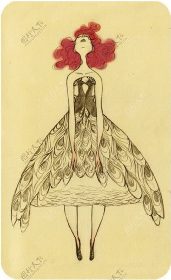 孔雀羽毛抹胸裙设计图
