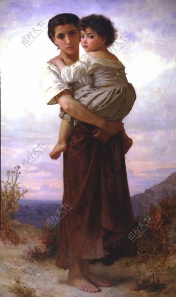 抱着小孩的女人肖像油画图片