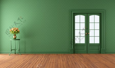 绿色墙壁与木地板