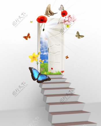台阶与蝴蝶图片