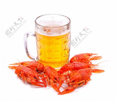 小龙虾和一杯啤酒图片