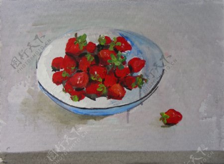 盘子里的草莓静物油画写生图片