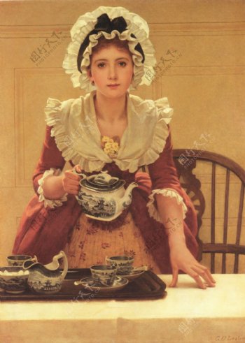 喝茶的美女油画图片