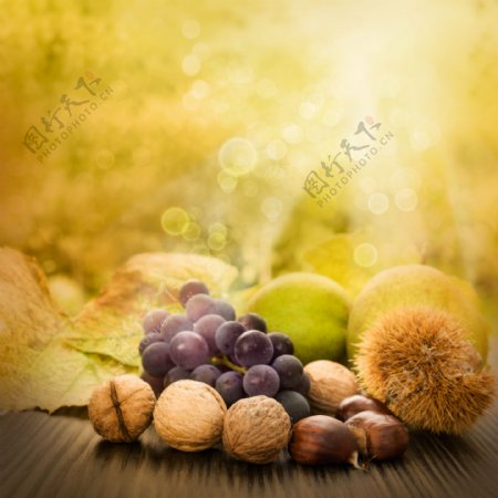 木反上的水果与坚果图片