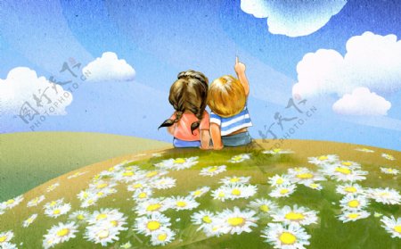 坐在草原上的卡通儿童图片
