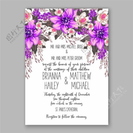 紫色植物花朵婚礼请贴图片