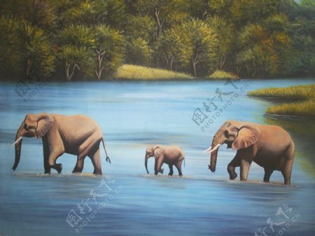 过河的大象油画图片