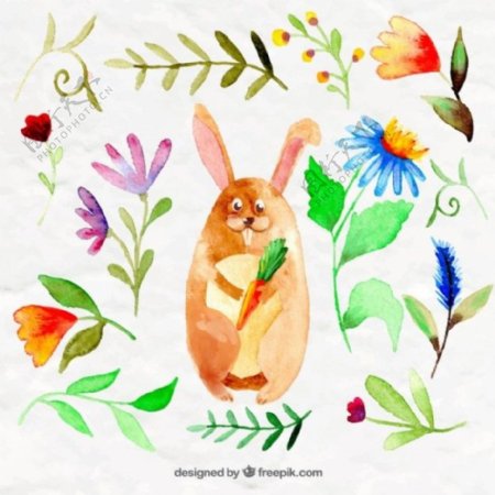 花和树叶水彩的兔子