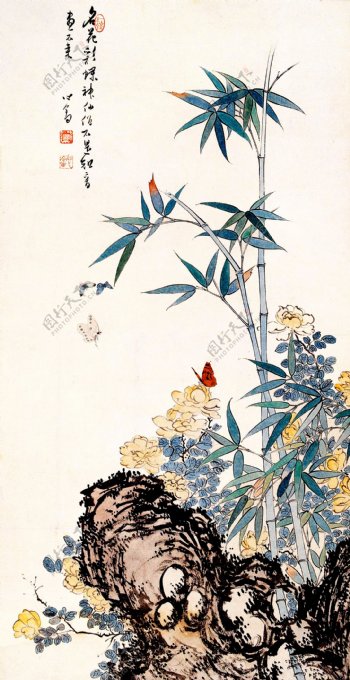 竹子蝴蝶水墨画图片