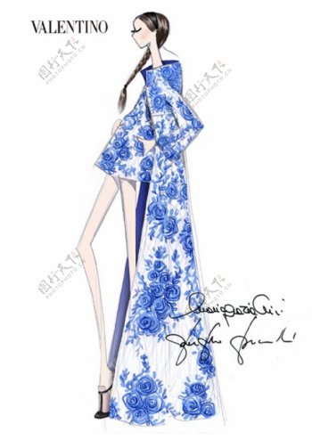 蓝色青花瓷女装设计图