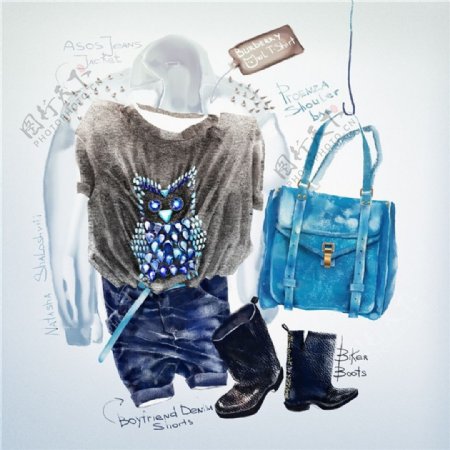 时尚女装蓝色手提包设计图