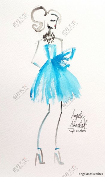 蓝色蝴蝶结抹胸裙设计图