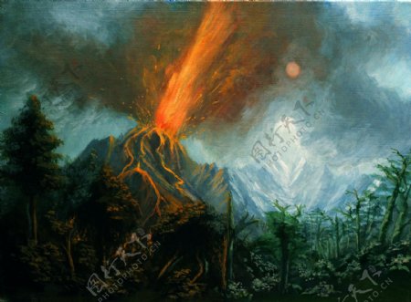 火山喷发油画图片