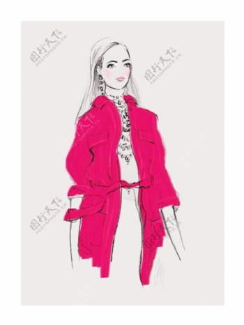 玫红色长款女装外套设计图