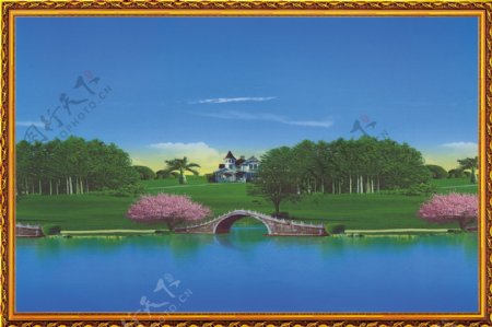 湖泊美景中堂画图片