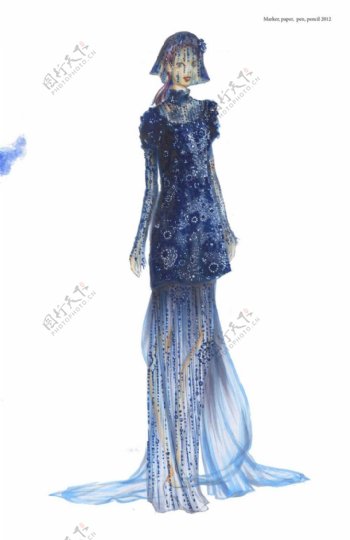蓝色花纹长裙设计图