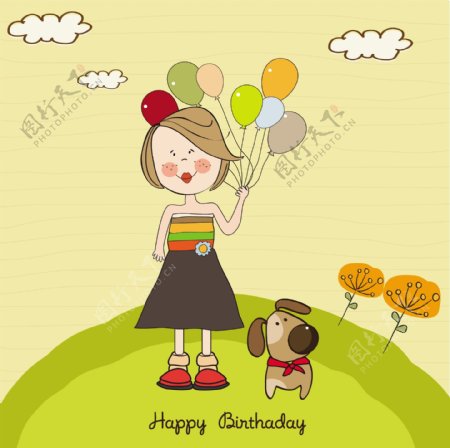 带气球的女孩和狗的生日卡片