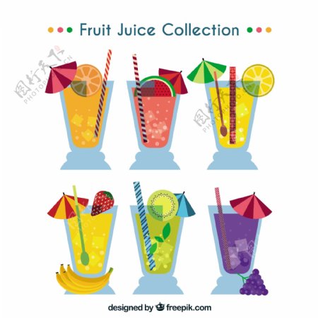 6种夏日玻璃杯装的果汁矢量设计素材