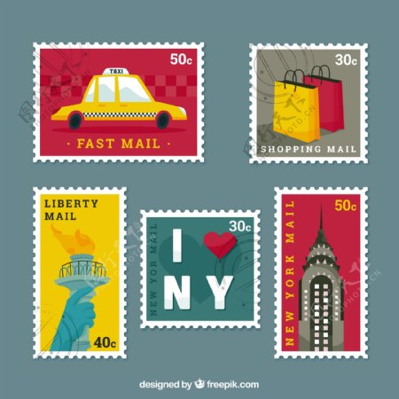 老式纽约邮票平面设计