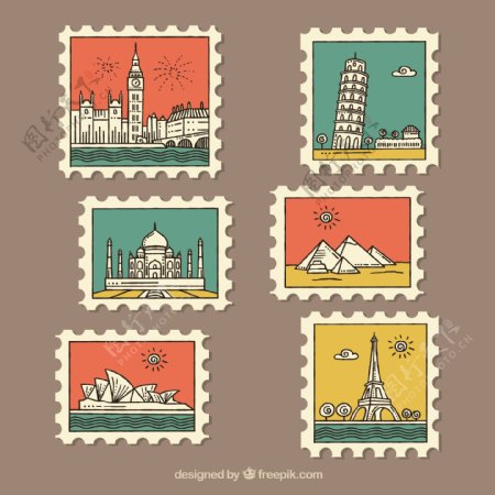 彩色的城市元素邮票图标
