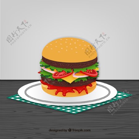 餐盘中的美味汉堡包矢量图图片