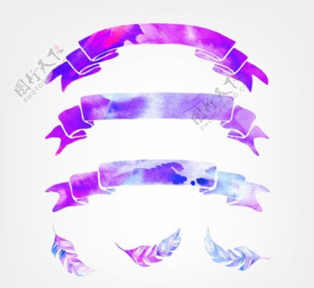 紫色丝带条幅和羽毛矢量素材下载