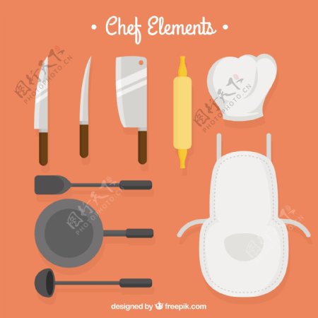 手绘扁平风格各种厨房用具图标