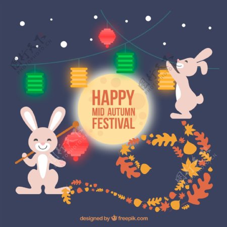 手绘背景中秋节与兔子
