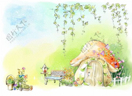 蘑菇小屋童话风景插画