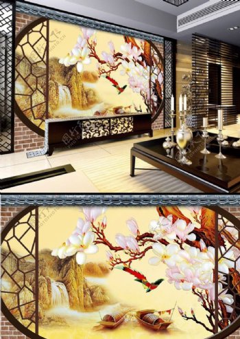 中国风山水彩雕背景墙