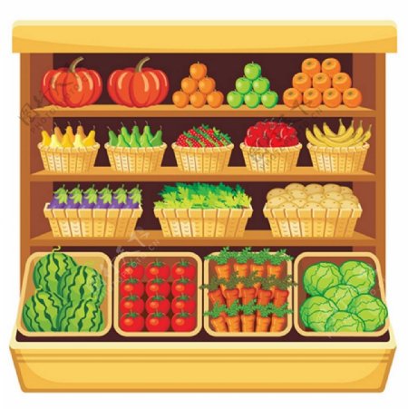 超市商品货架新鲜水果蔬菜矢量图