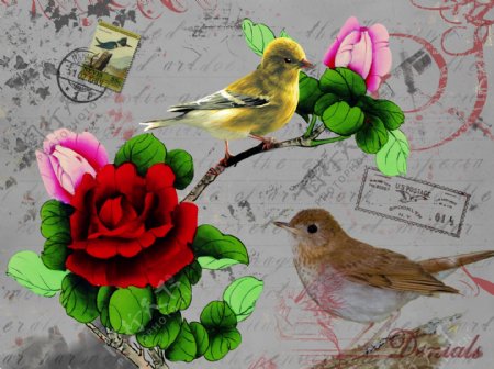 鲜花上的小鸟水墨画图片