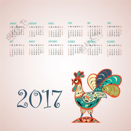 彩色花纹公鸡2017年日历图片
