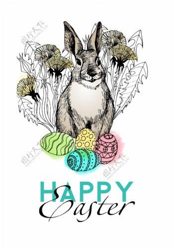 花卉彩蛋与兔子插画