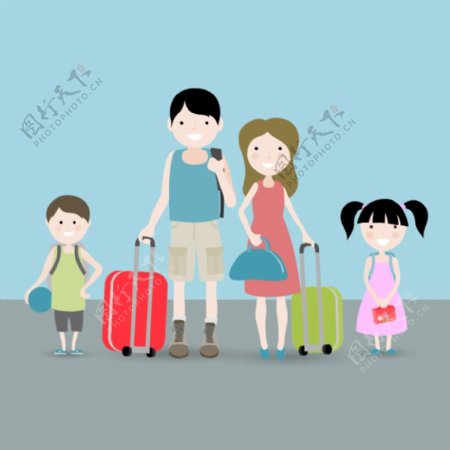 家庭人物与旅行行李箱