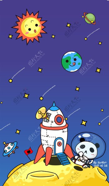 太空卡通熊猫月球漫步