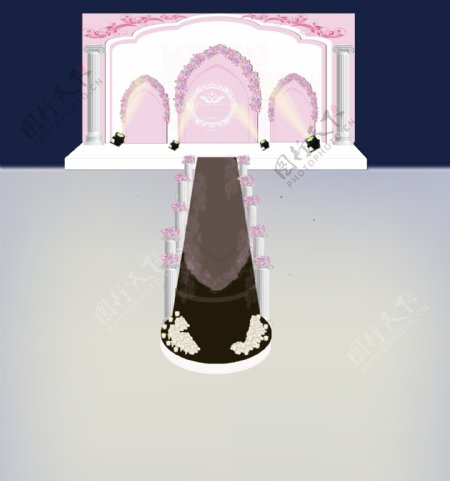 粉色舞台效果图罗马柱鲜花路引镜面地毯拱门