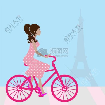 在巴黎女孩骑自行车