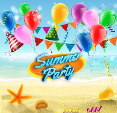 彩色气球海滩派对背景矢量素材