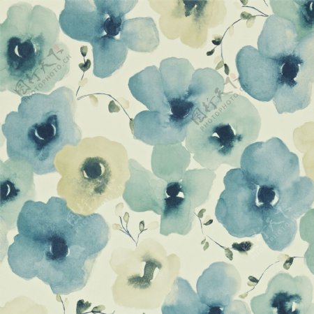 蓝色水印蝴蝶花壁画素材