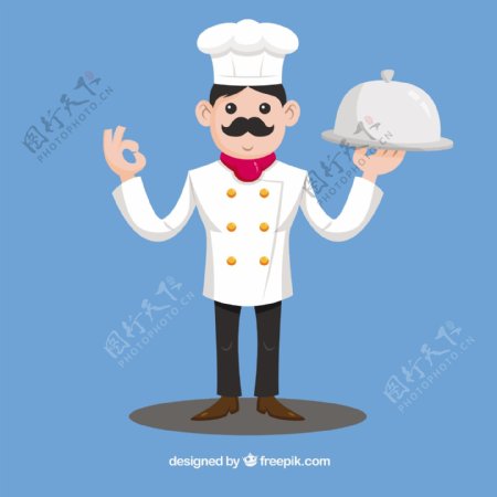 厨师拿着托盘插图蓝色背景