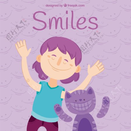 卡通风格女孩和猫微笑紫色背景