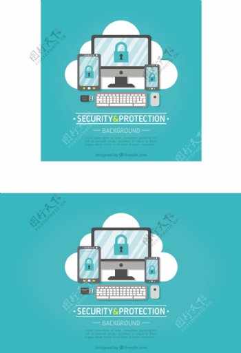 多种网络设备网络安全主题云端蓝色背景