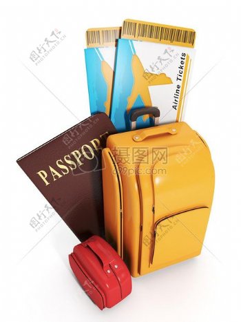 行李箱旁的护照和飞机票