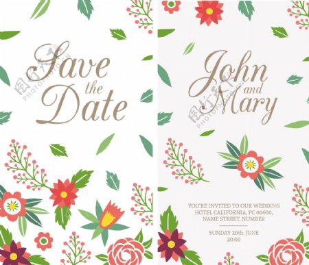 带有叶子和花朵细节的婚礼卡片