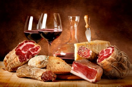 红酒与腊肉背景图片