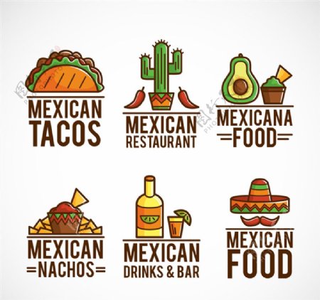 6款彩色墨西哥食物标志矢量图