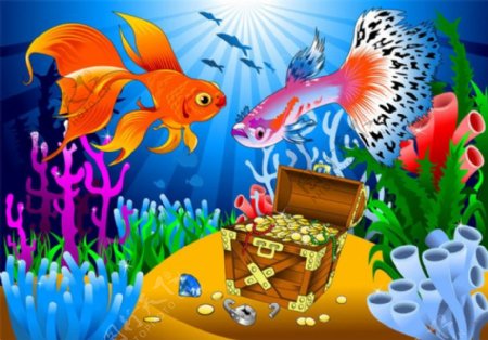 海底宝箱和游鱼图片1