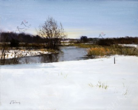 冬天小河雪景油画图片