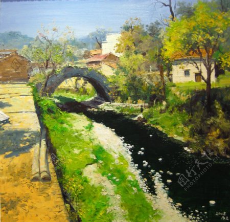 村庄与桥油画图片